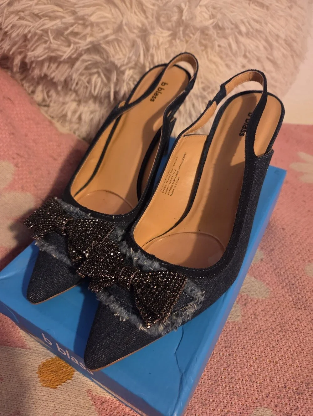 Bill Blass Dark Blue Denim Pointed Slingback Heels with Beaded Bow